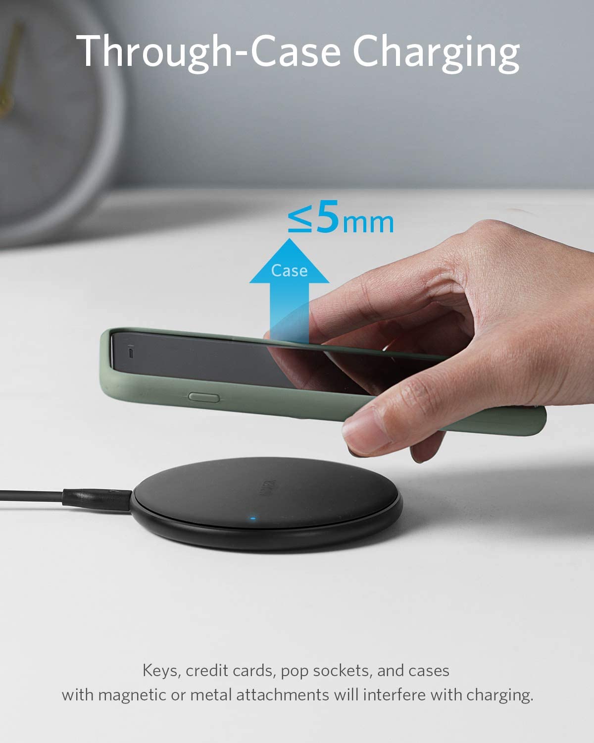 Anker wireless charger with phone charging through case for Qi charging