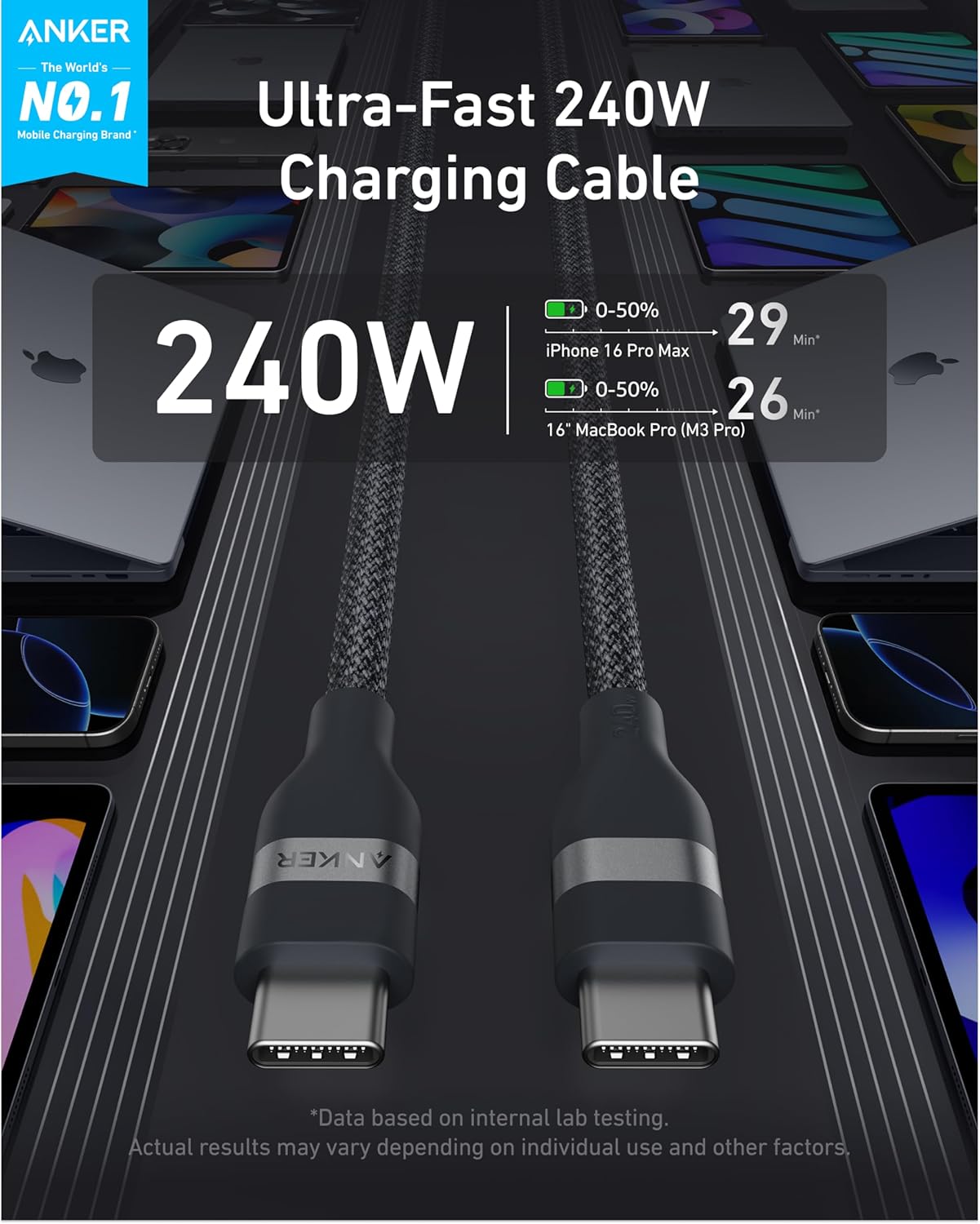 Anker Laptop Power Bank (25K, 165W, Built-In and Retractable Cables) and Anker USB-C to USB-C Cable (6 ft, 240W, Upcycled-Braided)