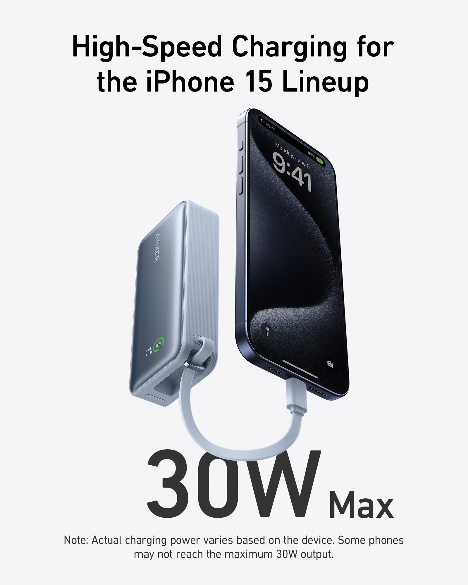 Anker power bank with iPhone 15 for high-speed charging, 30W Max